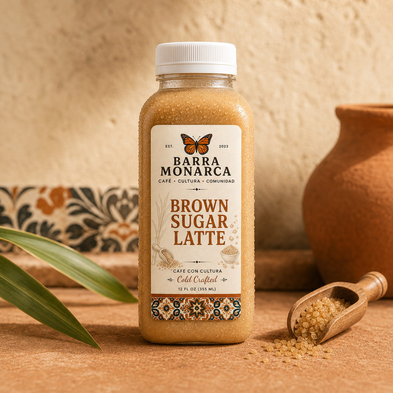 Chilled Barra Monarca Brown Sugar Latte bottle with brown sugar crystals