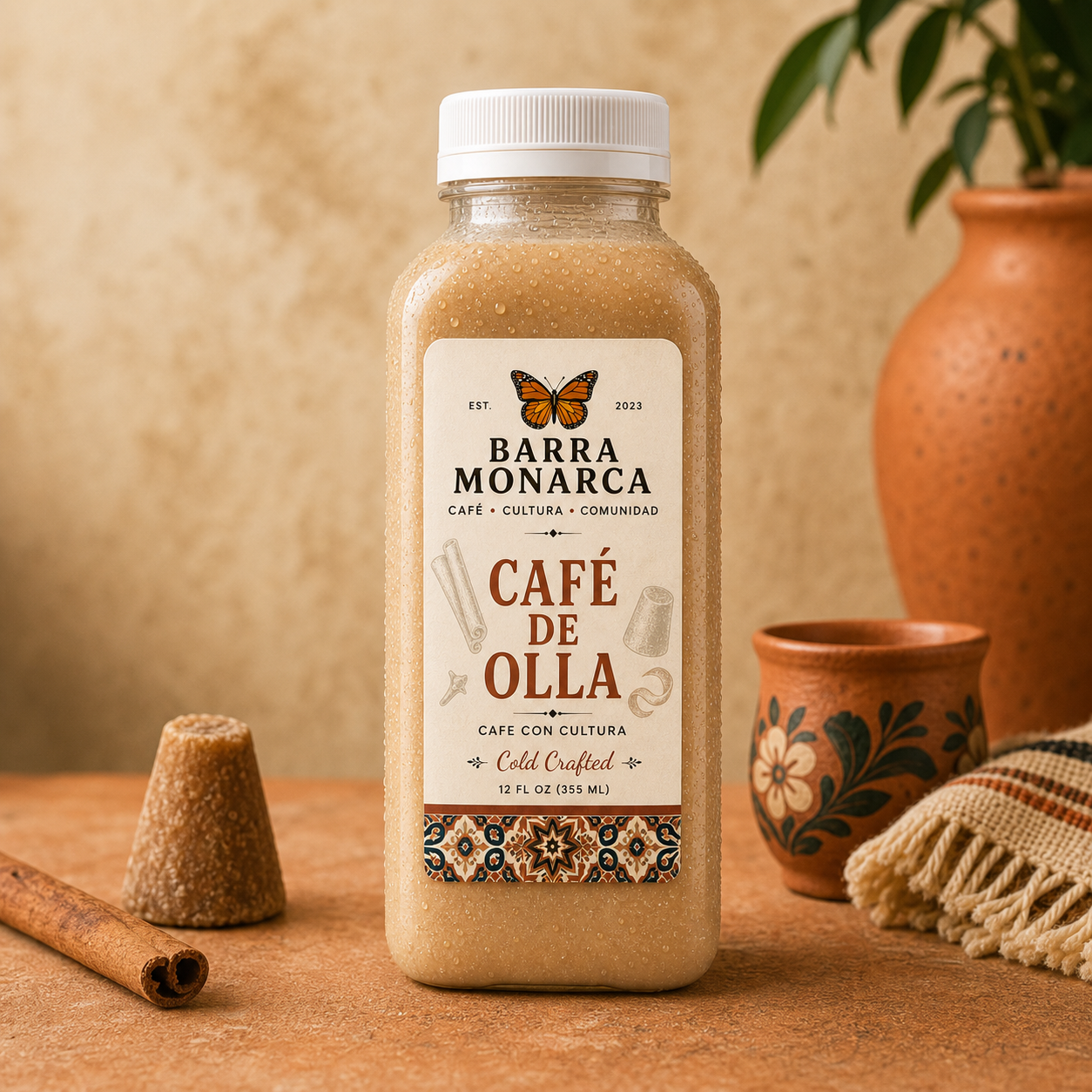 Chilled Barra Monarca Café de Olla bottle with cinnamon and piloncillo