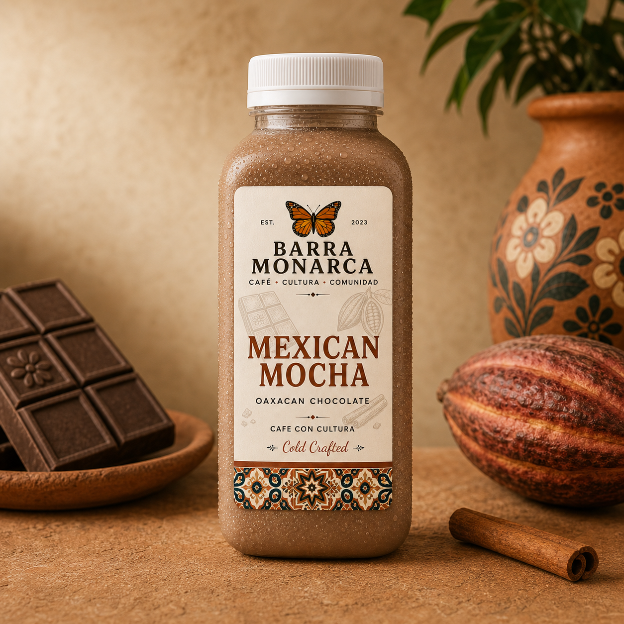 Chilled Barra Monarca Mexican Mocha bottle with Oaxacan chocolate and cacao