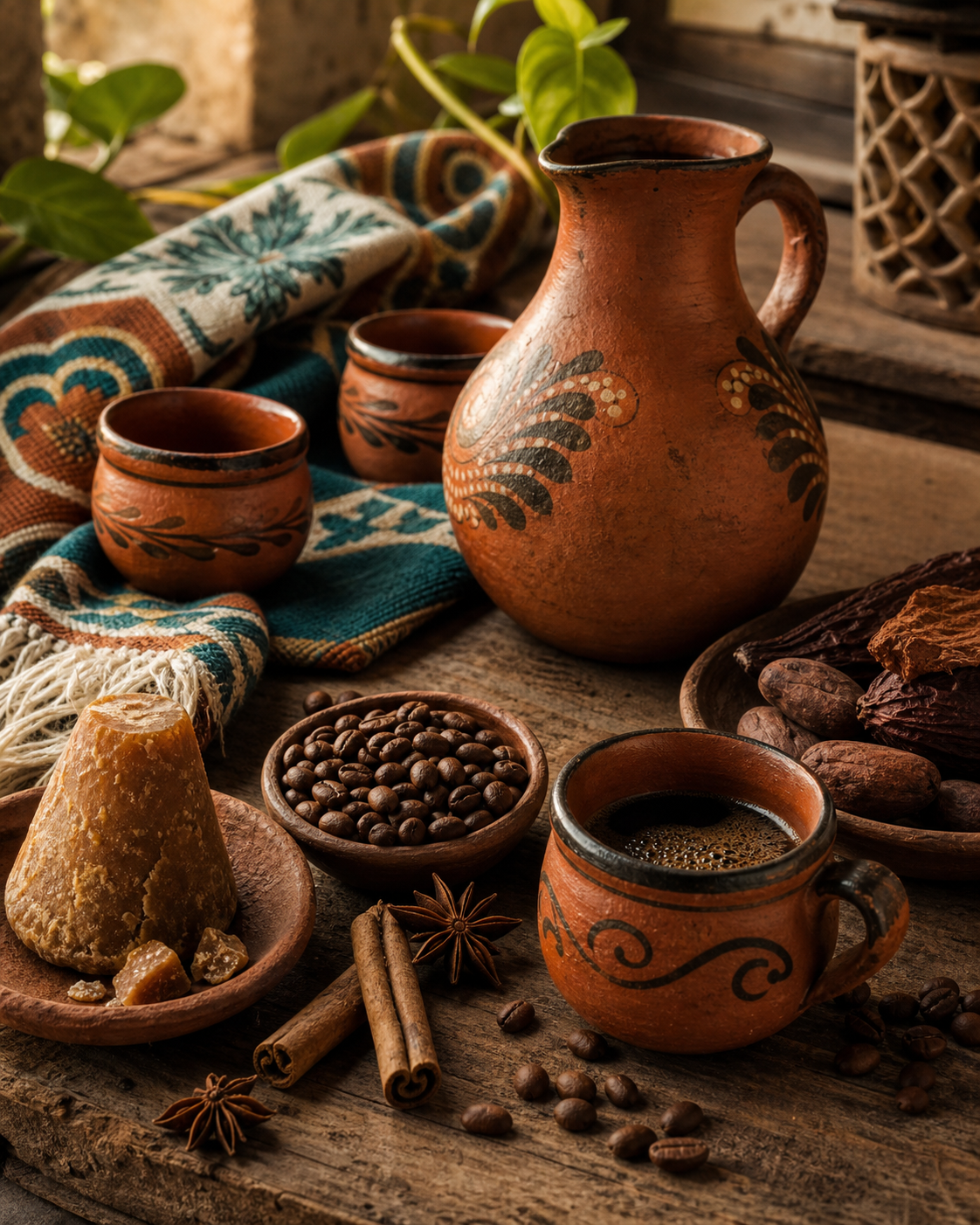 Barro pottery, café de olla spices, coffee beans, piloncillo, and a woven Mexican textile